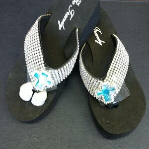 Sparkly Black and Blue Sandals with Embellished Straps